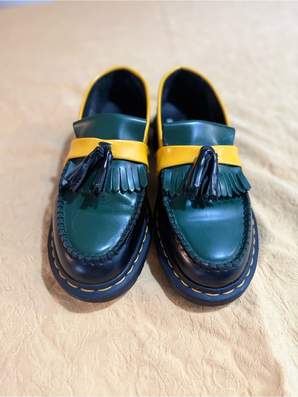 Dr. Martens Green and Yellow Tassel Kiltie Loafers